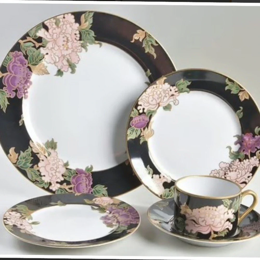 Fitz & Floyd Fine Porcelain 'Cloisonne Peony' Black (1984-1996) 5-Piece Set